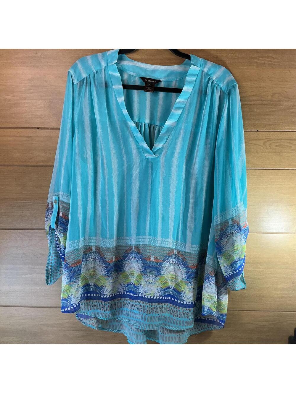Multiples Women’s 1X Sheer Aqua Blue Printed Tunic Blouse 3/4 Sleeve Boho